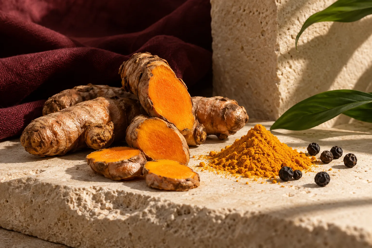Rhizomes et poudre de curcuma — illustration botanique.