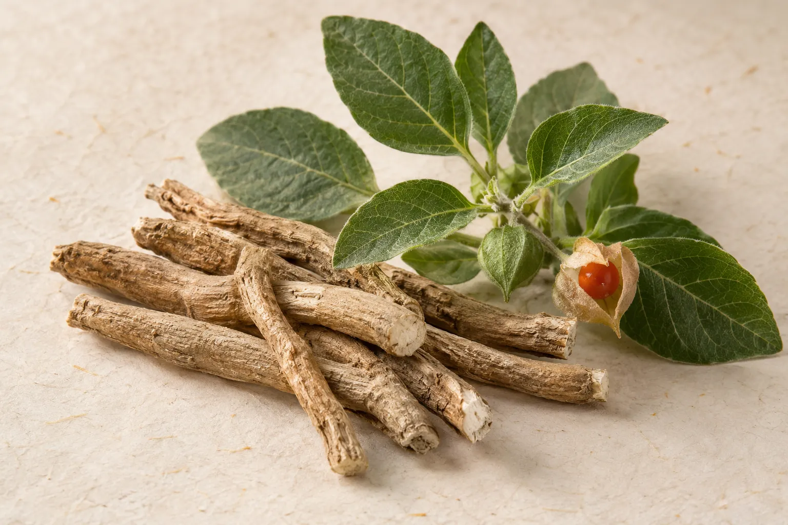 Racines et rameau d’ashwagandha — illustration botanique.