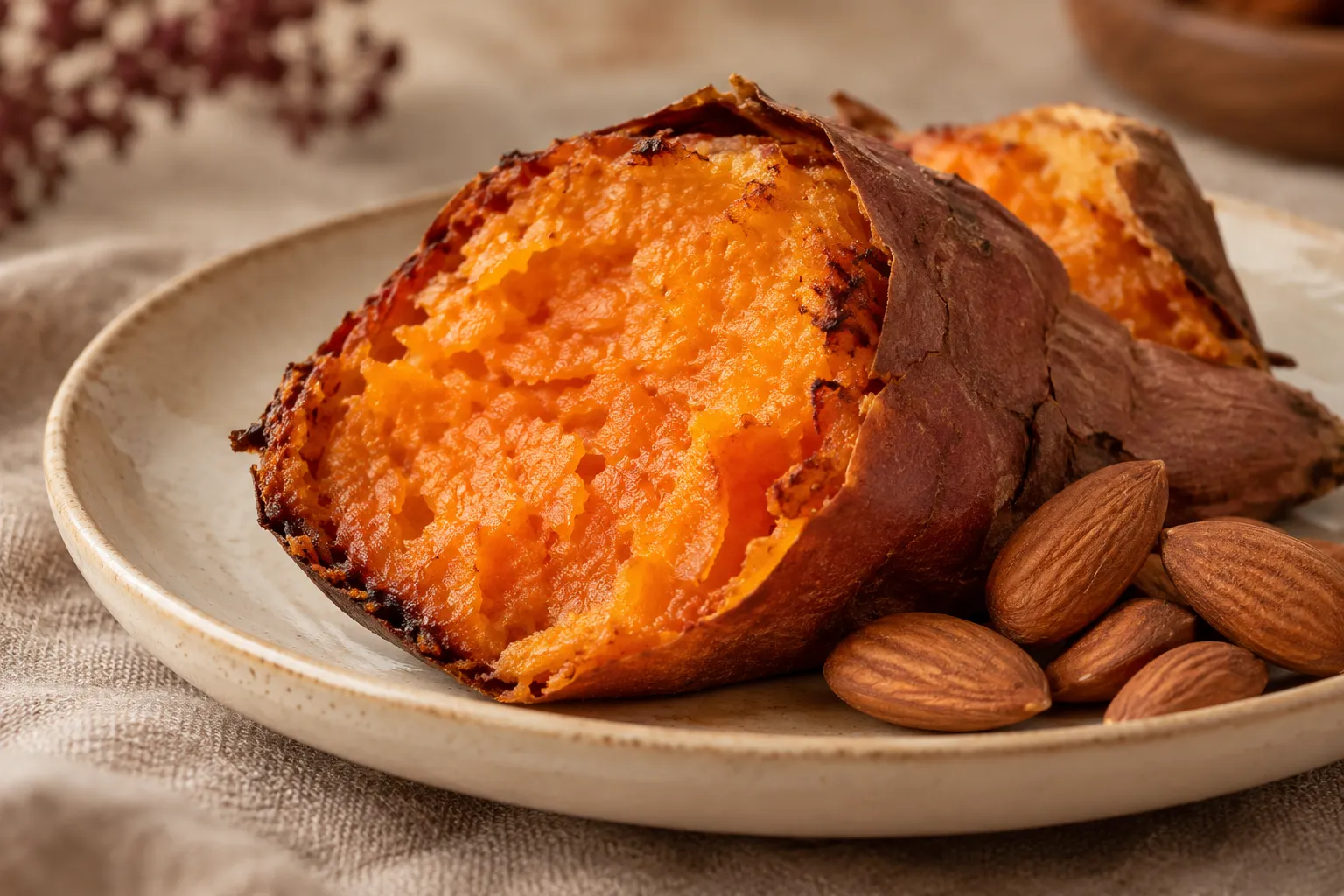 Patate douce et amandes — exemples alimentaires illustratifs.