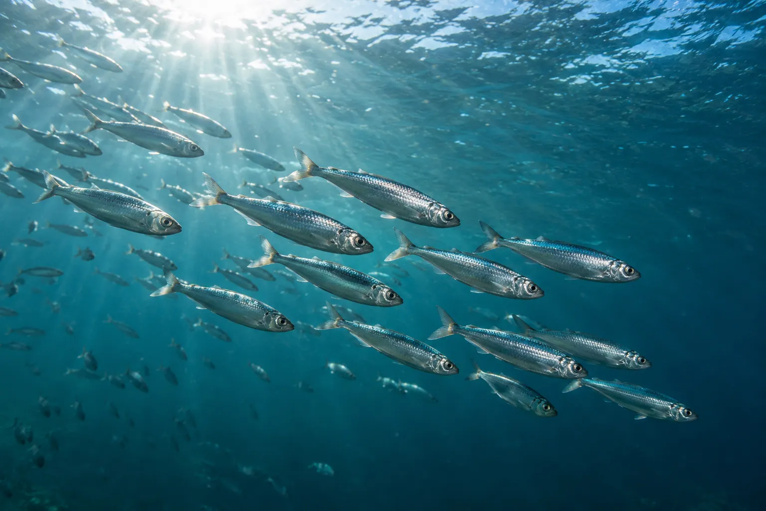 Banc de petits poissons — illustration de l’univers des oméga 3 marins.