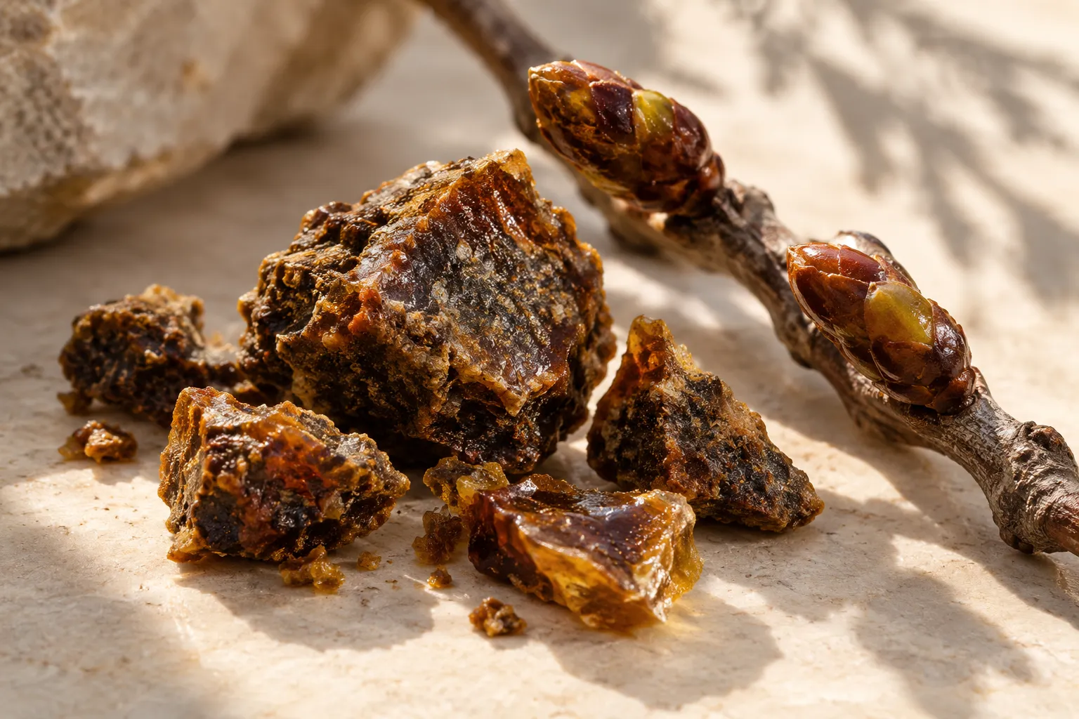Fragments de résine et bourgeons — évocation de la propolis.