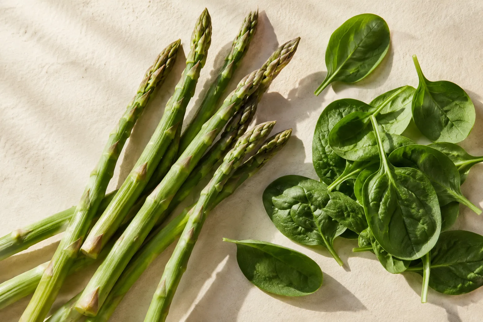 Asperges et épinards — exemples alimentaires illustratifs.