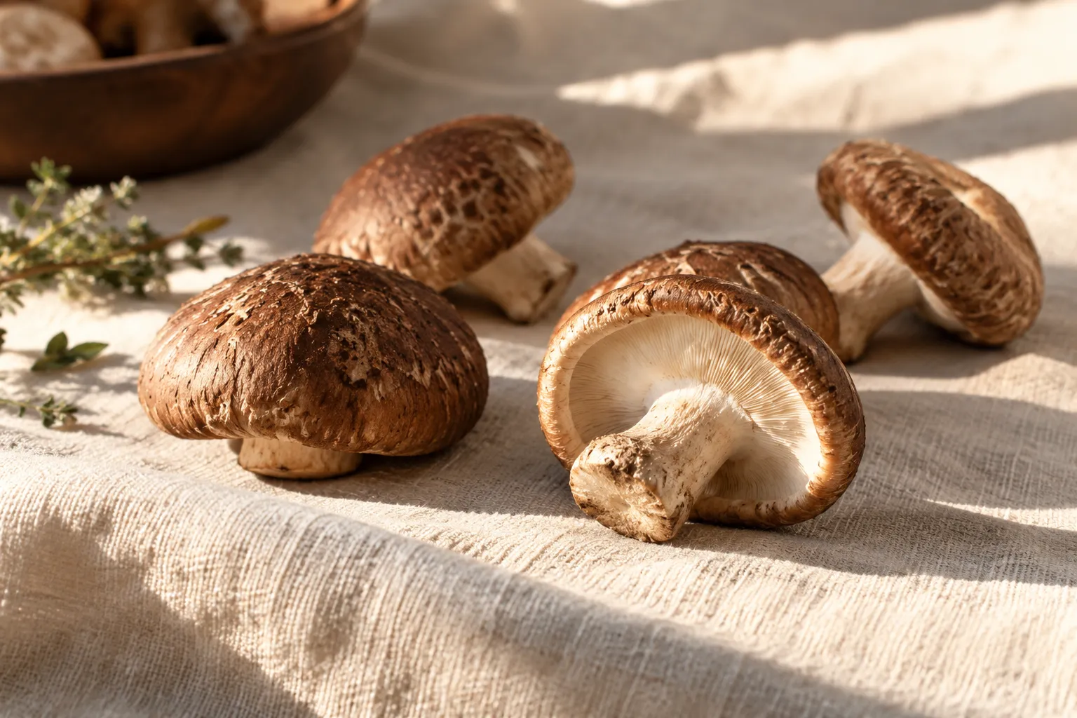 Champignons et lumière — illustration pédagogique de l’univers de la vitamine D.