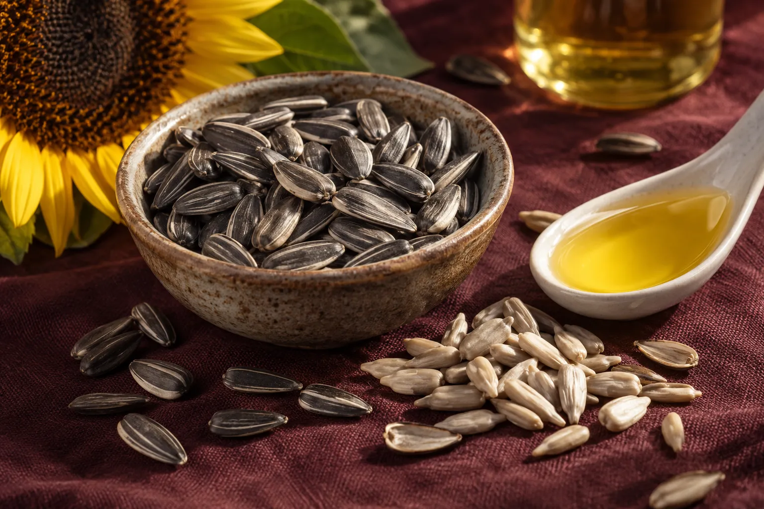 Graines et huile de tournesol — exemples alimentaires illustratifs.