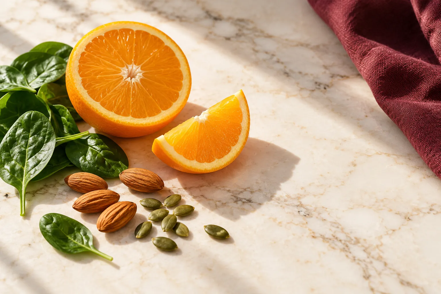 Agrumes, feuilles et graines — évocation de la diversité des nutriments.